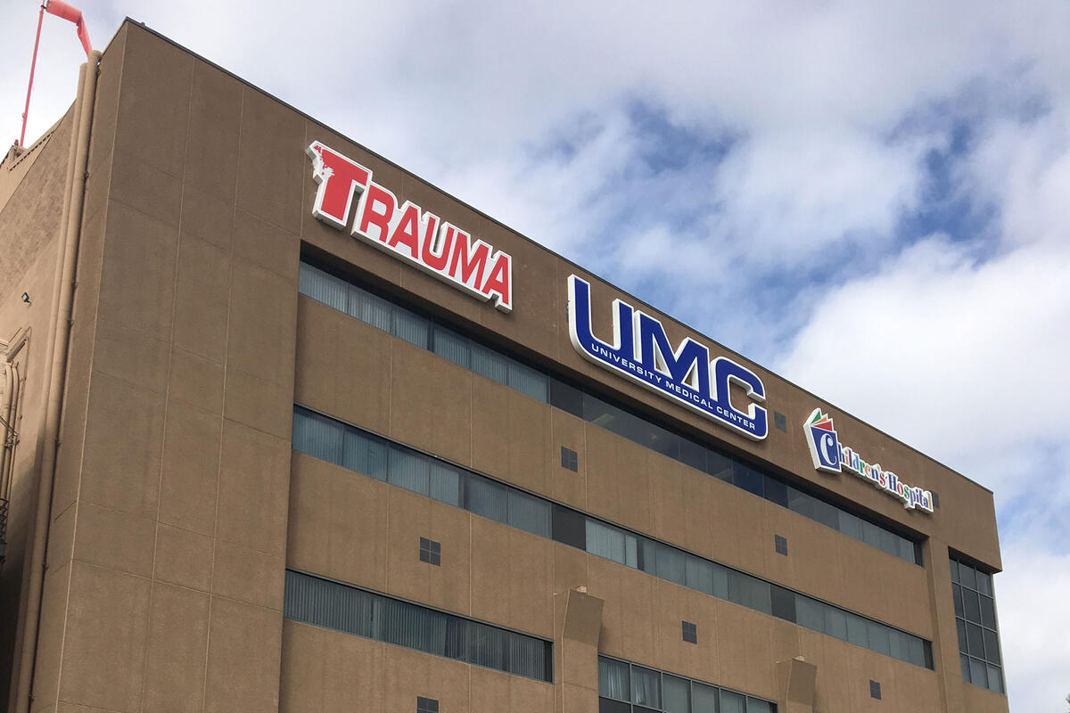 Various signs of Trauma, UMC, and Children's Hospital on a building