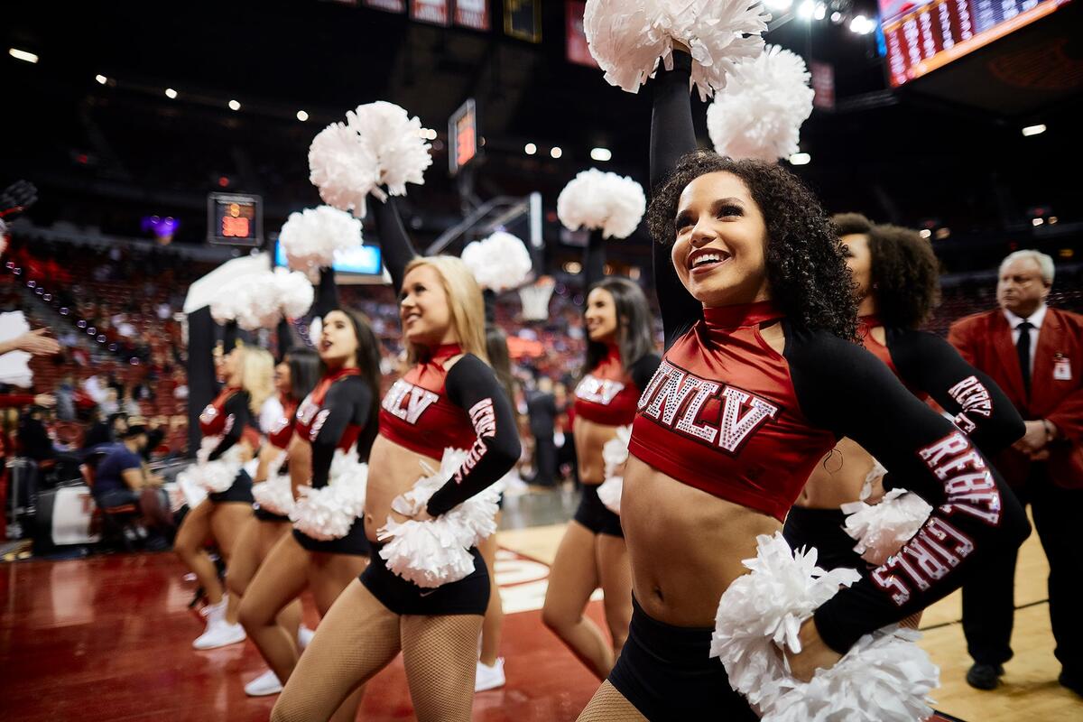 U.N.L.V.'s cheer and dance team performing in the Thomas and Mack center during an event.