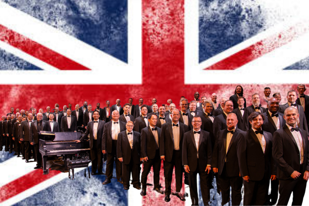An image of the Las Vegas Men's Chorus superimposed over the Union Jack, the British flag.