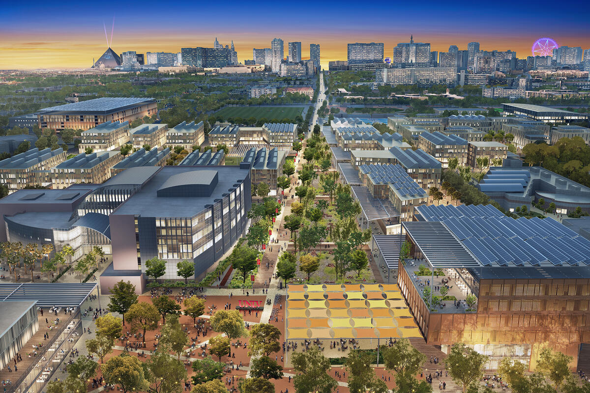 rendering of campus with city in background
