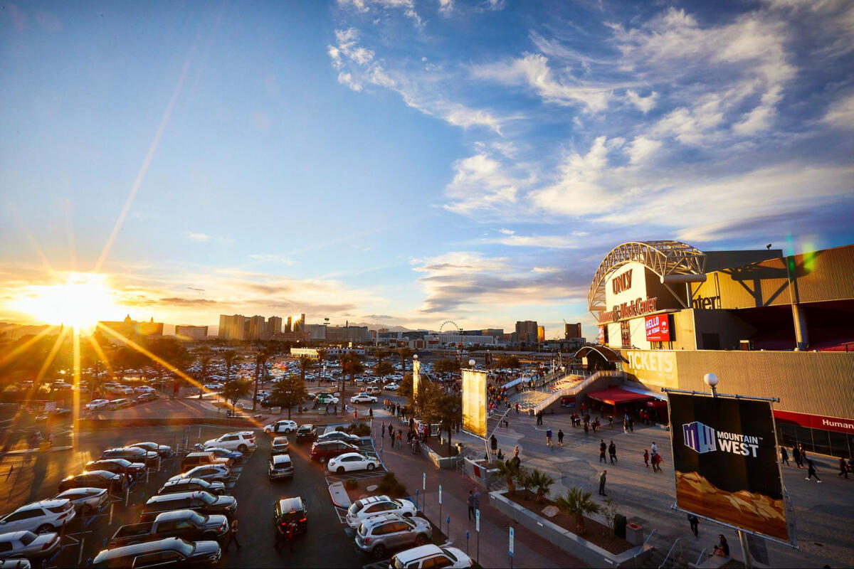 Exterior of the Thomas and Mack arena at sunset