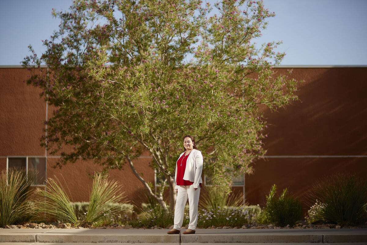 woman outside building