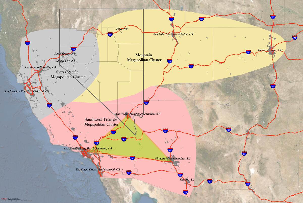 Map highlighting three distinct regions in Nevada