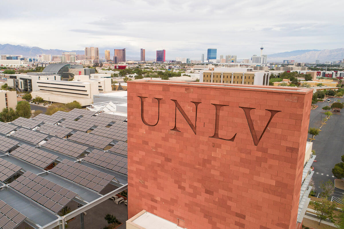 A view of UNLV campus from above campus in a drone.