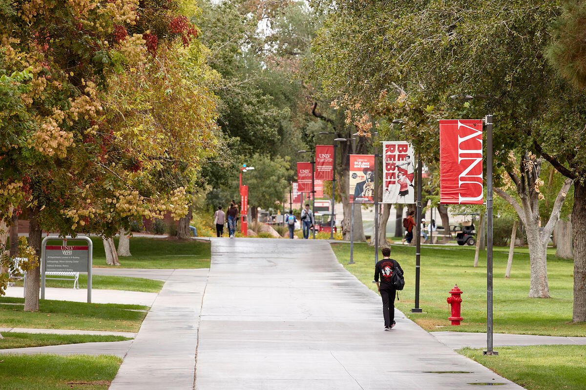 A pathway with UNLV banners and trees