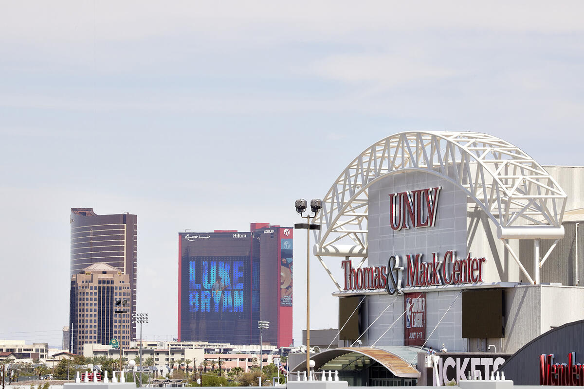 Exterior of the Thomas & Mack building with the Strip in the background