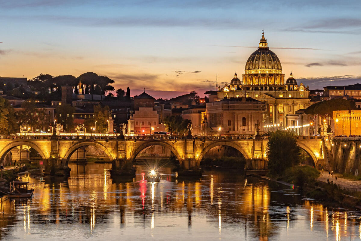far away shot of buildings and skyline in rome during sunset