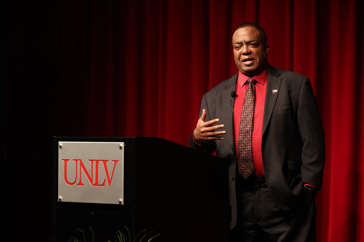 UNLV president Keith Whitfield at podium