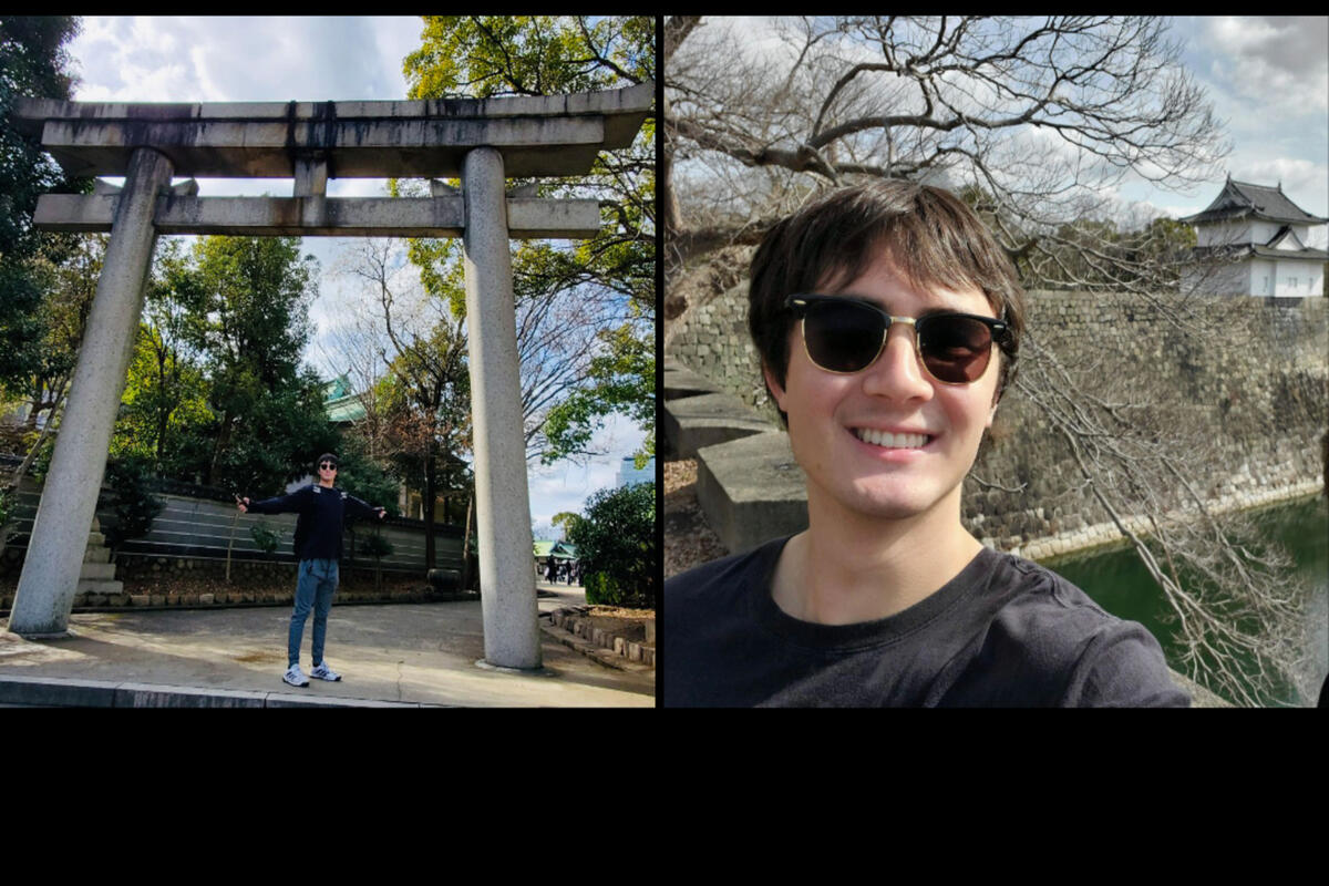 collage of two photos of student in front of torii gate and historic building
