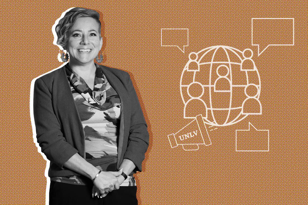 photo graphic of woman next to media graphics