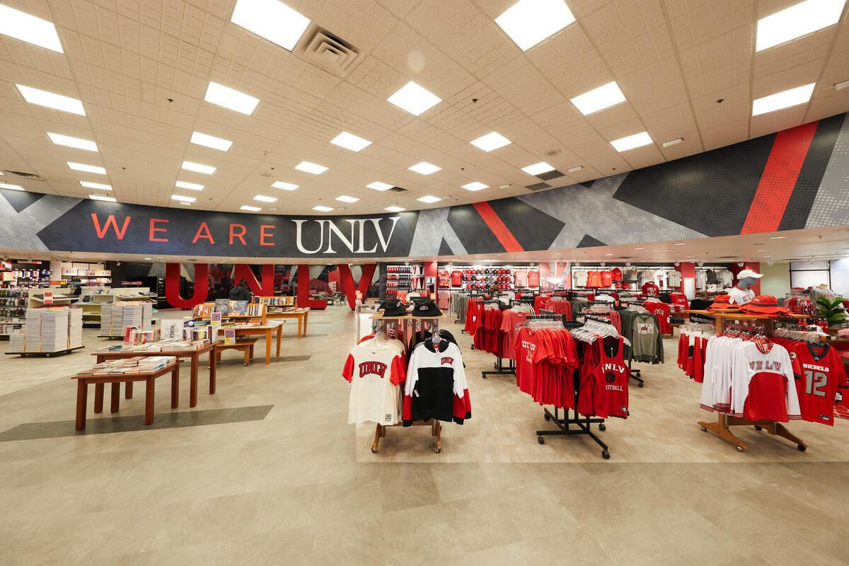 UNLV shirts hanging inside bookstore