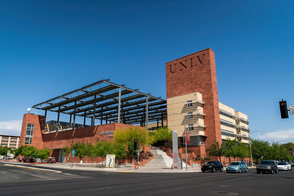 Full view of Greenspun Hall with UNLV sign