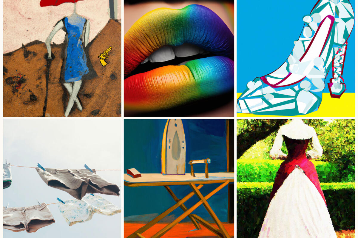 A collage of six colorful and artistic images that depict clothing, accessories, and colorful lipstick