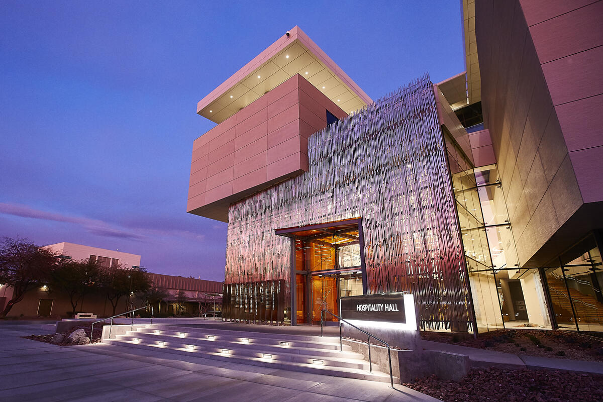 view of a campus buidling at night