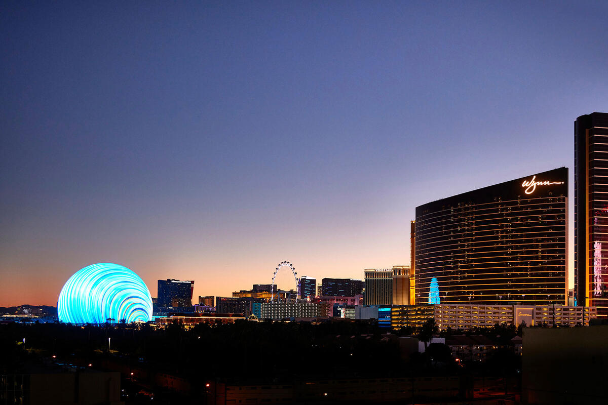 Las Vegas skyline with the Sphere and the Wynn Hotel in view