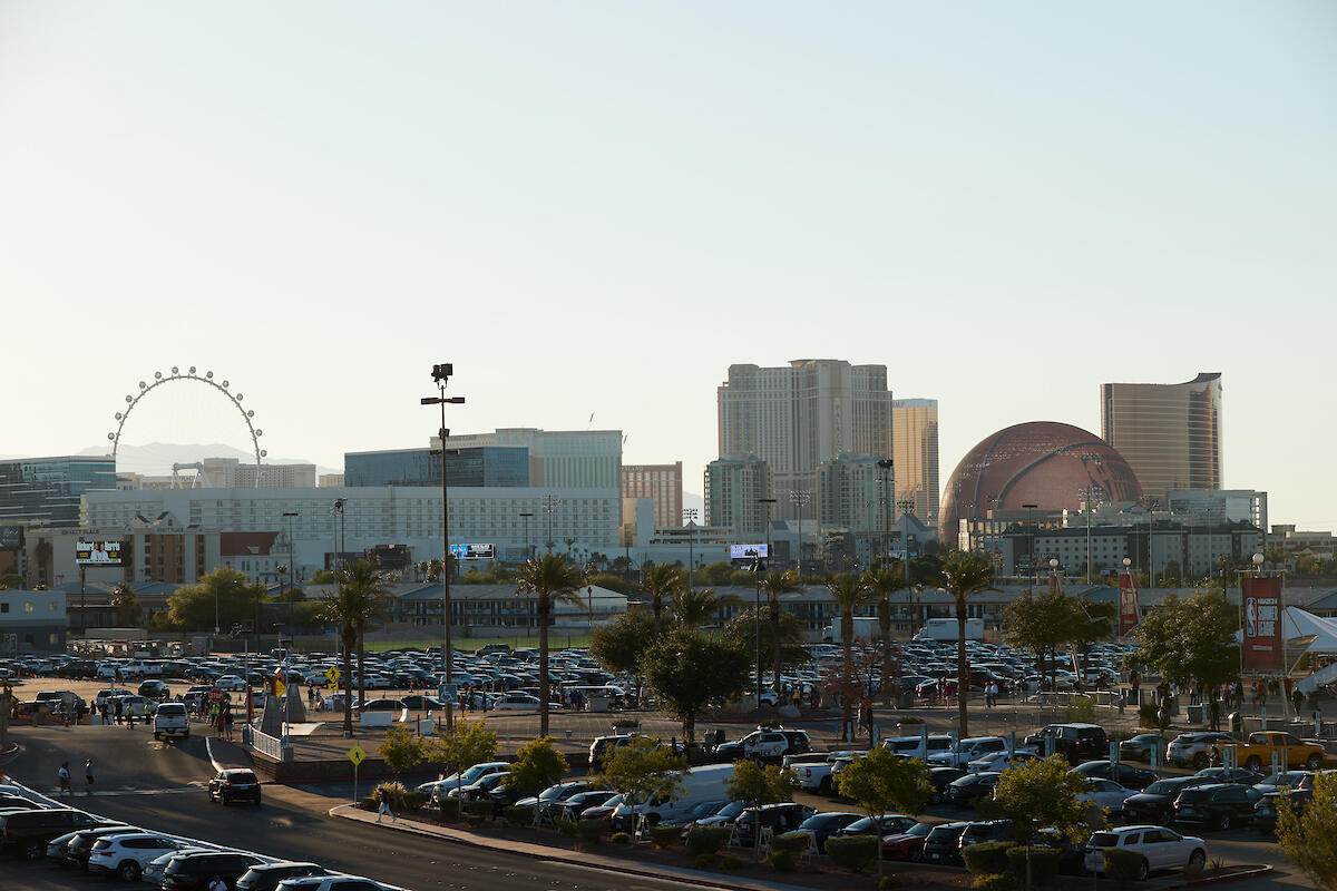 UNLV parking lot with the Las Vegas Strip in the background.