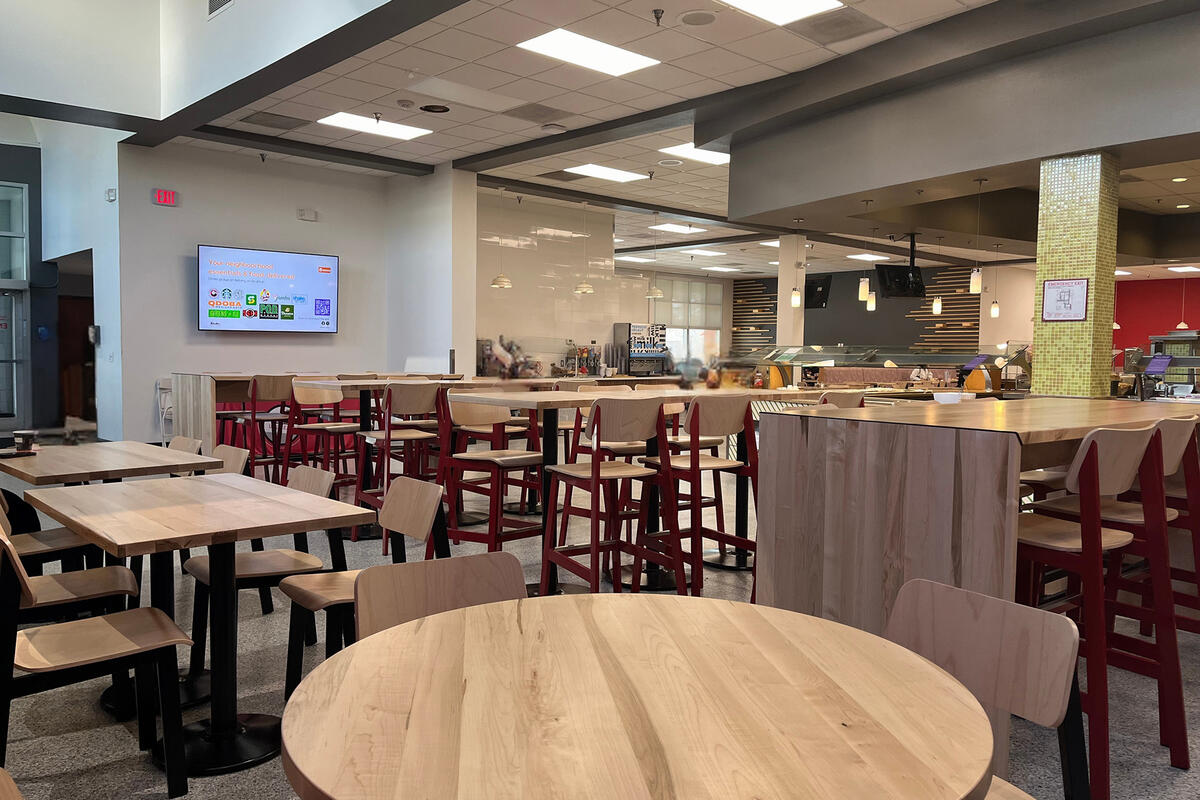Empty dining area with wooden furniture