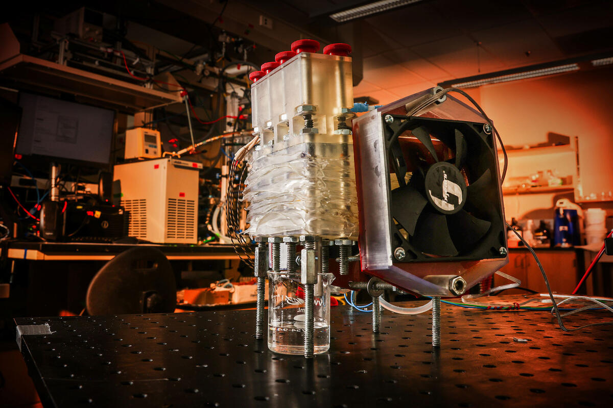 An engineering laboratory setup with a device in the foreground