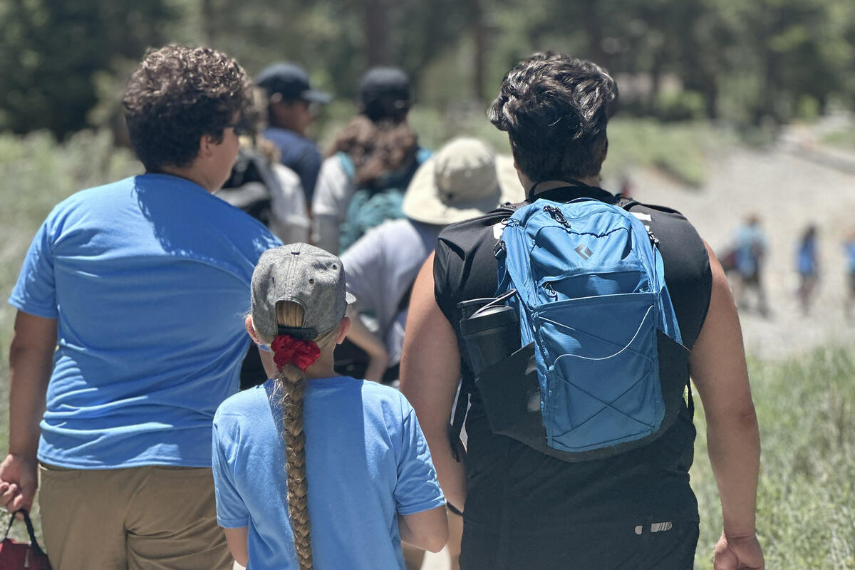 A group of 3 people walking away from the camera outdoors