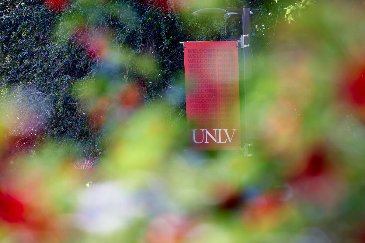 blurred effect of flowers in front of UNLV banner
