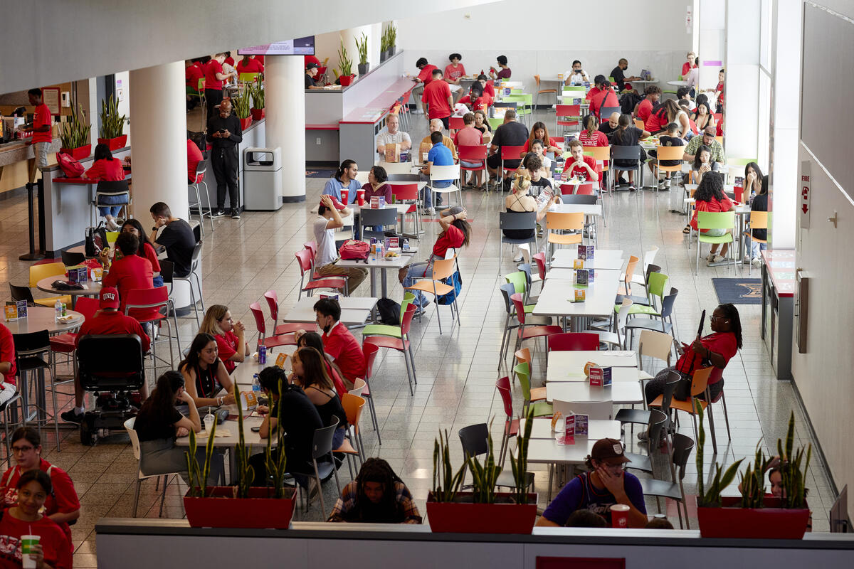 aerial view inside a college dining area