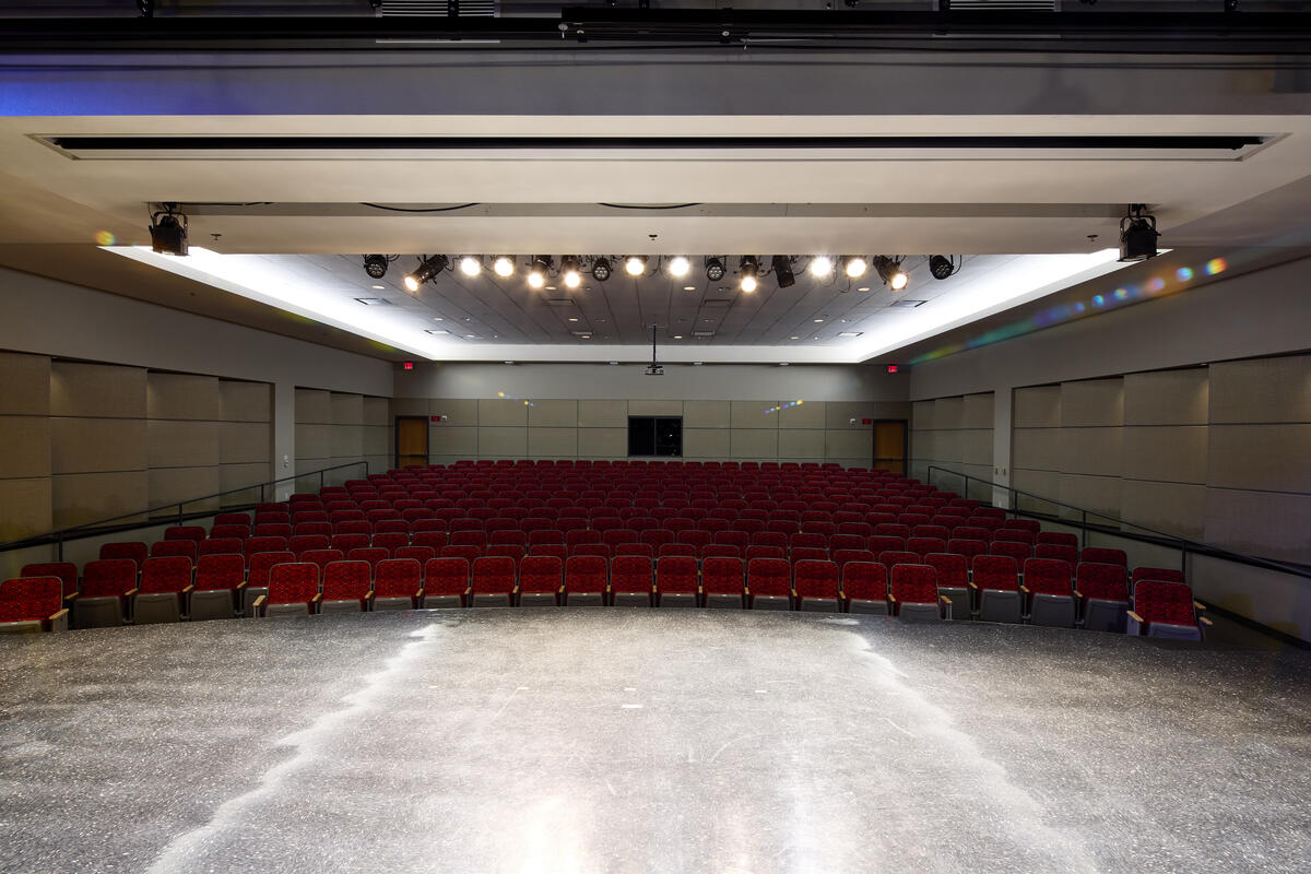 An empty theatre with red seats