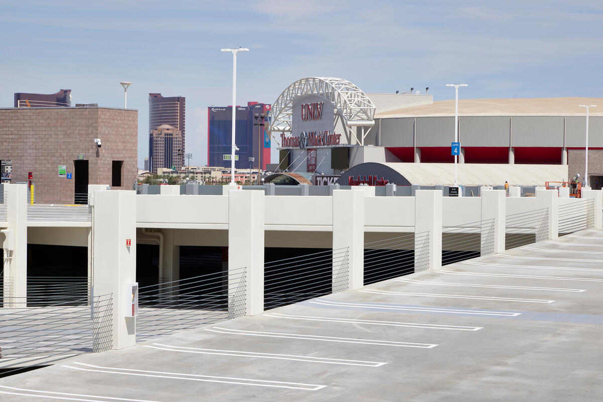 top level of Tropicana Parking Garage with the Strip in the background