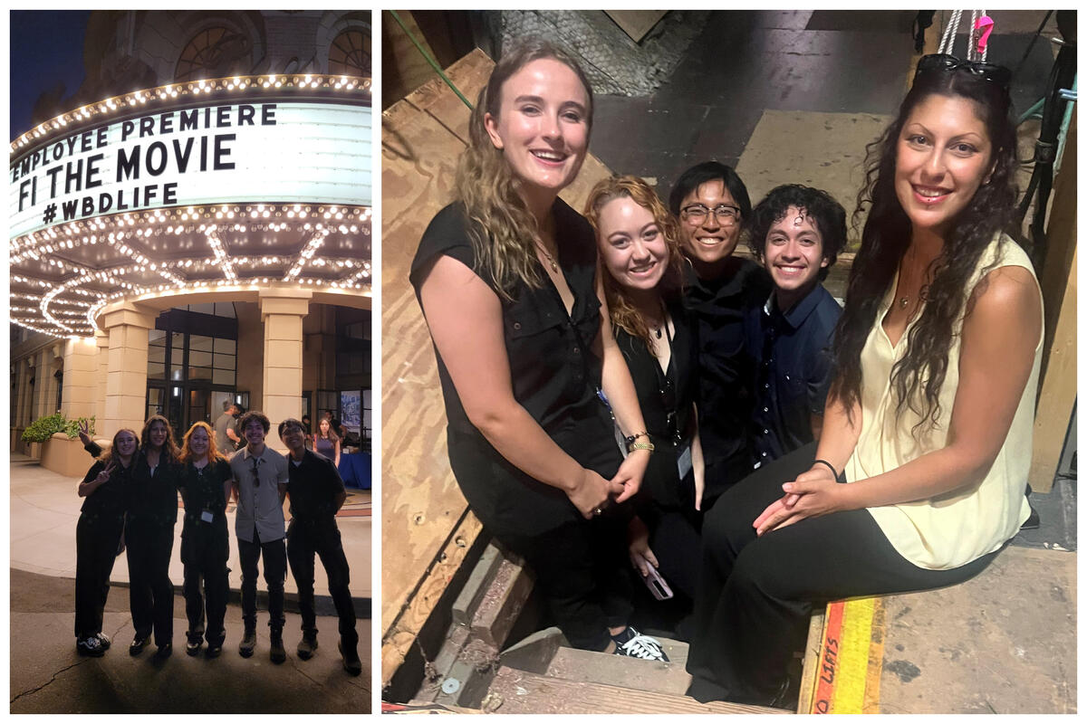 student interns in front of F1 premier screening and second photo of the student interns