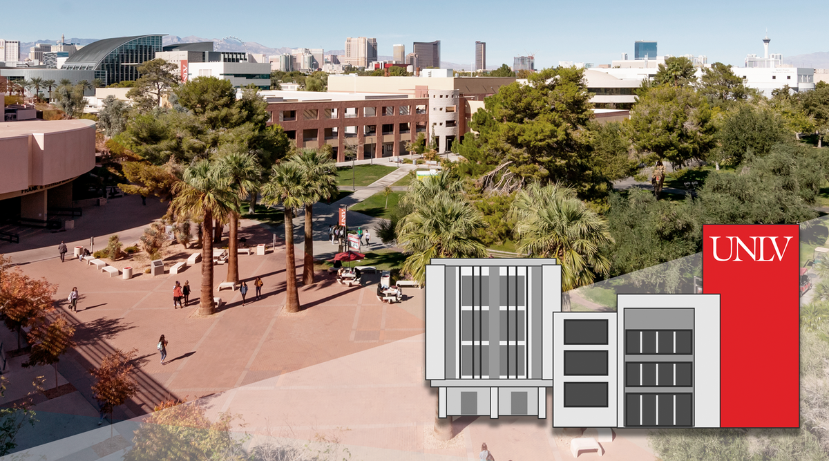 Overview of Pida Plaza and an illustration of UNLV buildings