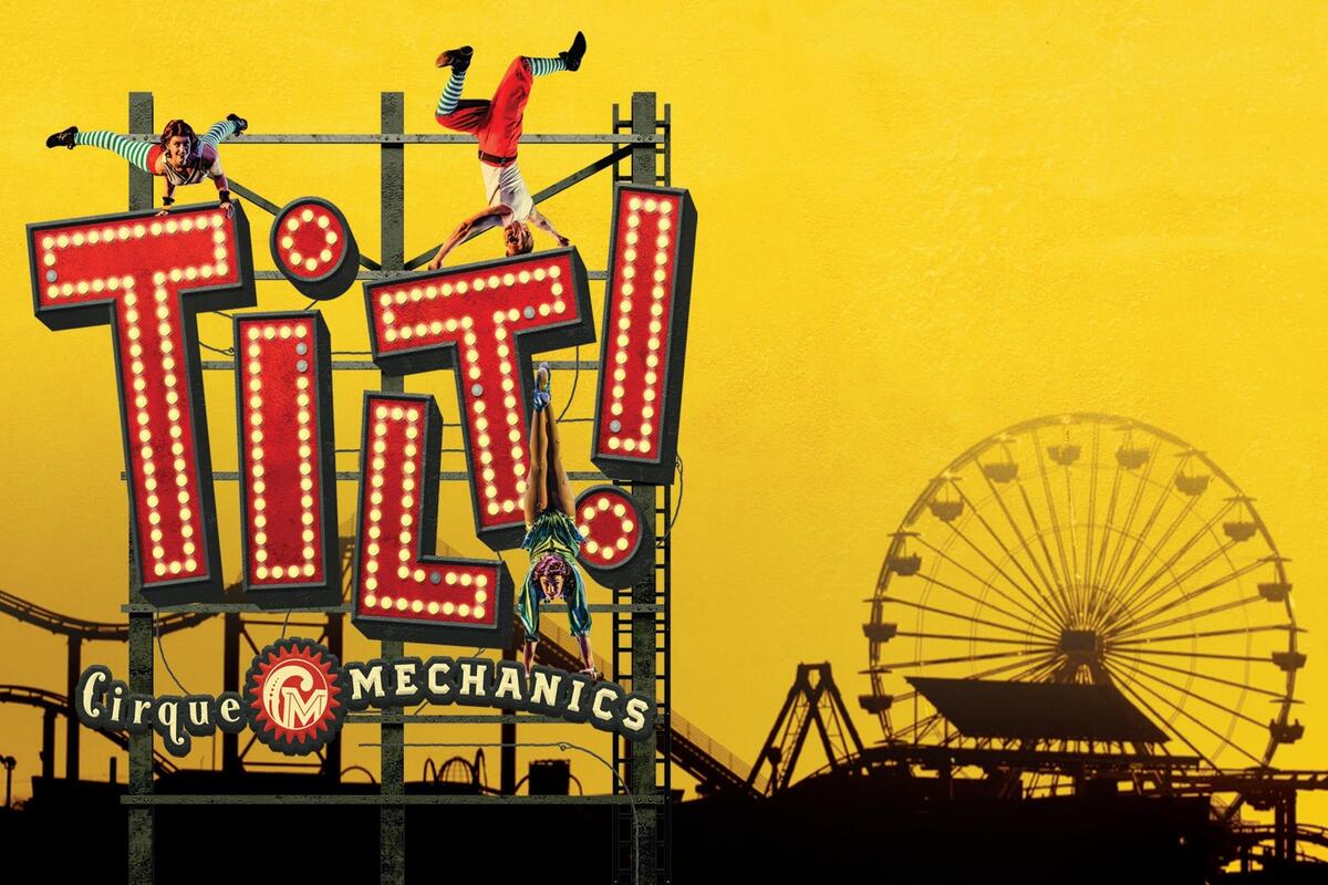 poster illustration of amusement park with word 'Tilt!' in forefront