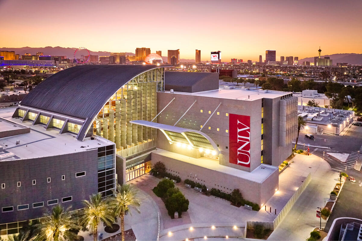 Lied Library with the Las Vegas Strip in the background. 