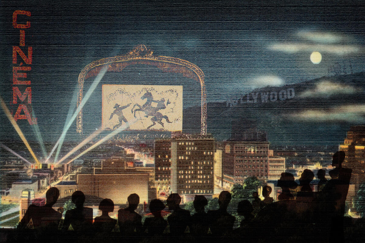 A collage graphic showing a shadow of a crowd viewing and outdoor movie showing an old western. In between the crowd and the screen is the Los Angeles cityscape, with the Hollywood sign on the right side.