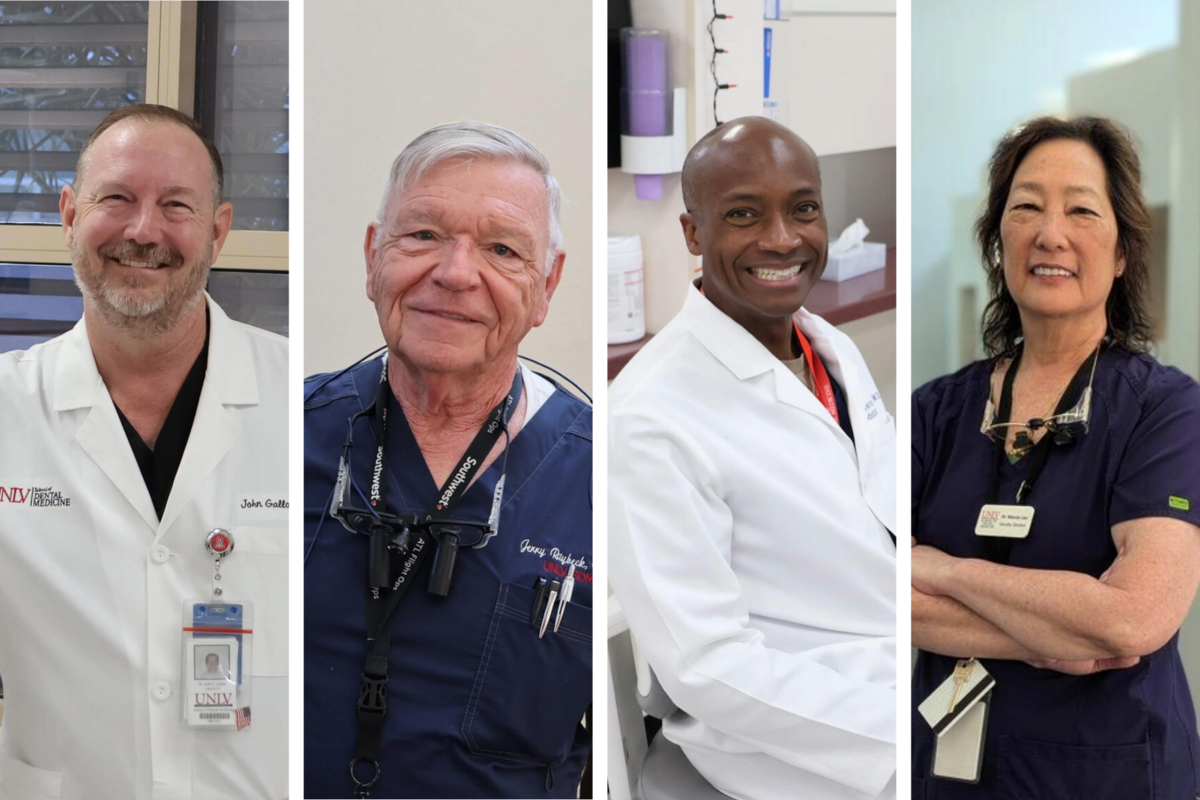 collage of 4 dentists, two are in white coats and two are in blue scrubs