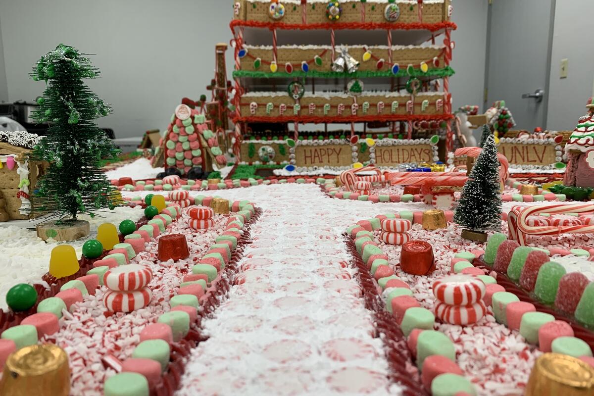 closeup of gingerbread parking garage and other candy decorations