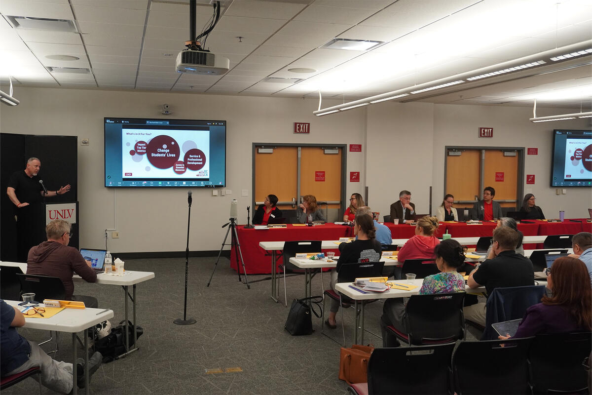 Audience listening to a presenter at a Faculty Senate meeting