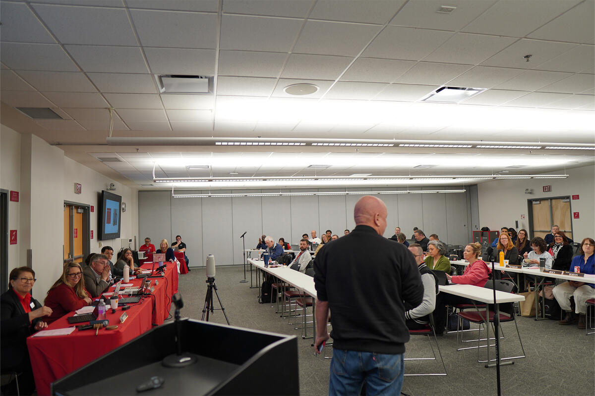 Audience listening to a presenter at a Faculty Senate meeting