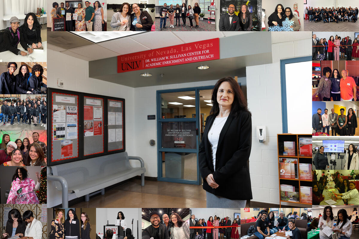 woman in front of CAEO office in photo framed by photo collage of her time at UNLV