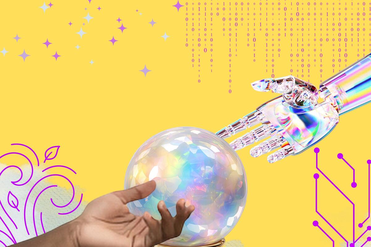 digital illustration of hands touching a crystal ball