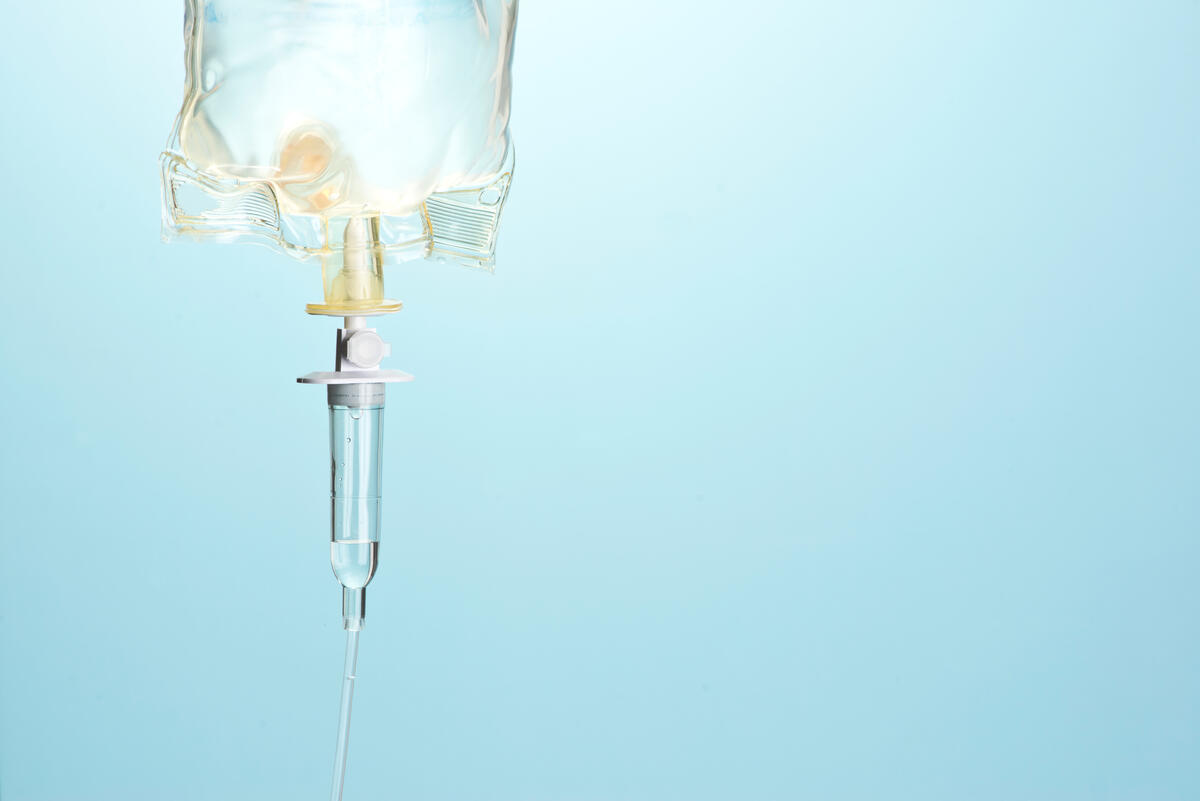 Close up image of a medical IV drip bag