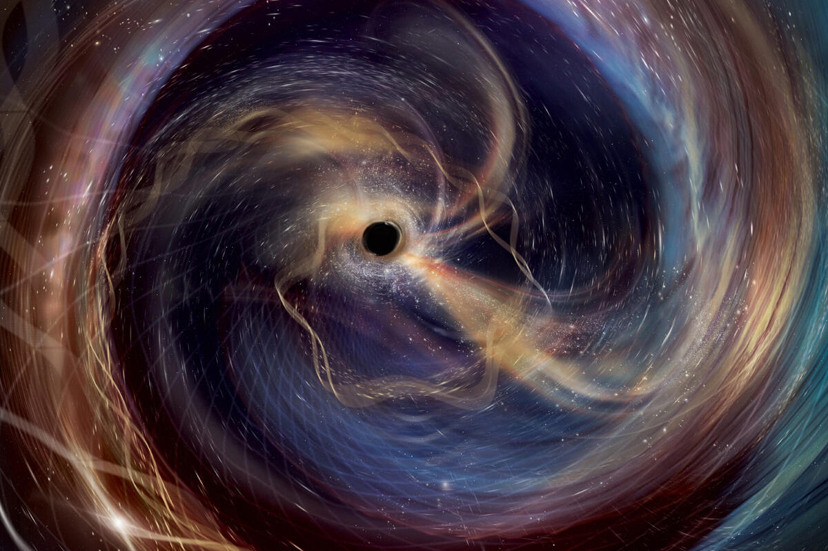artist depiction of collision of black holes in deep space