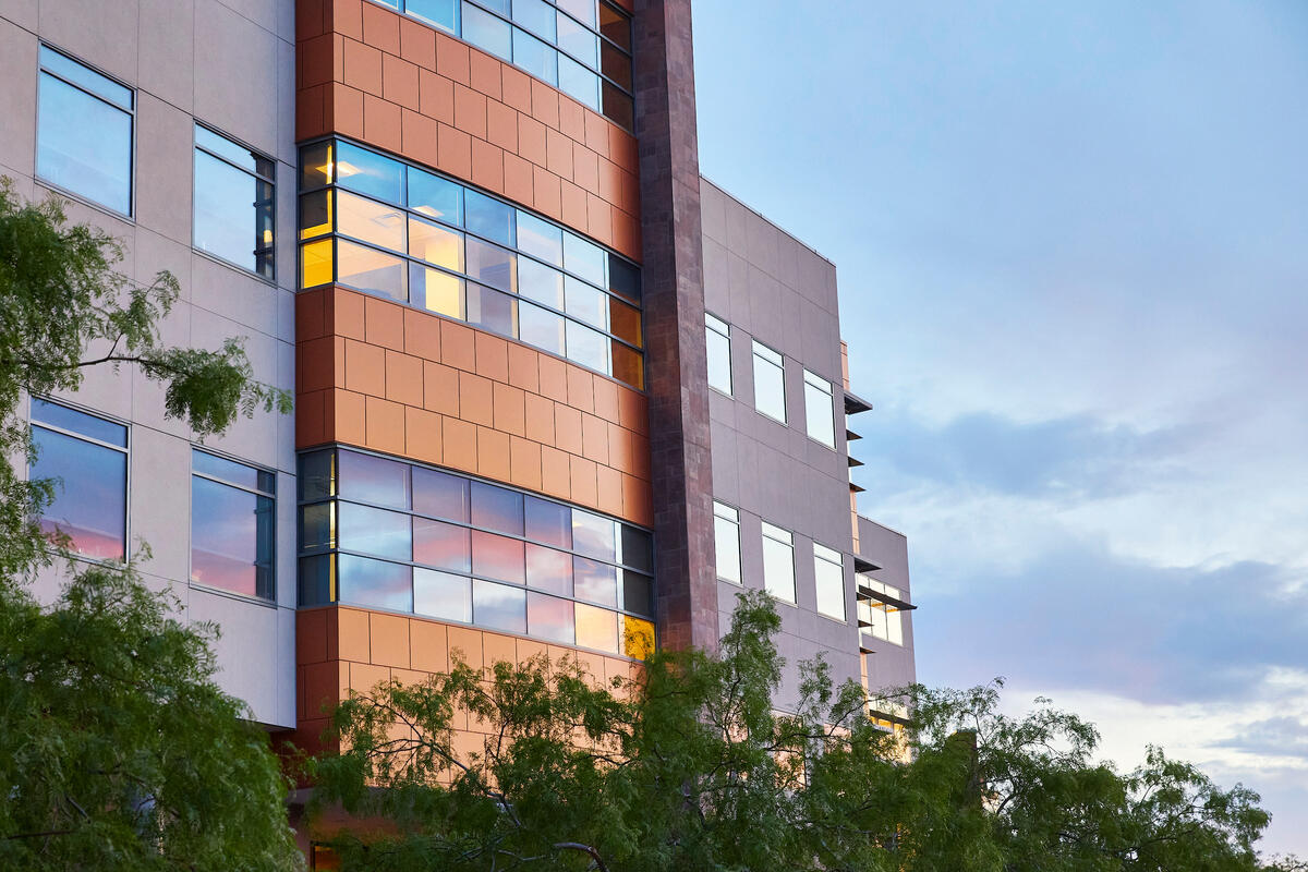 Exterior close up photo of the Science and Engineering Building (SEB) during sunset