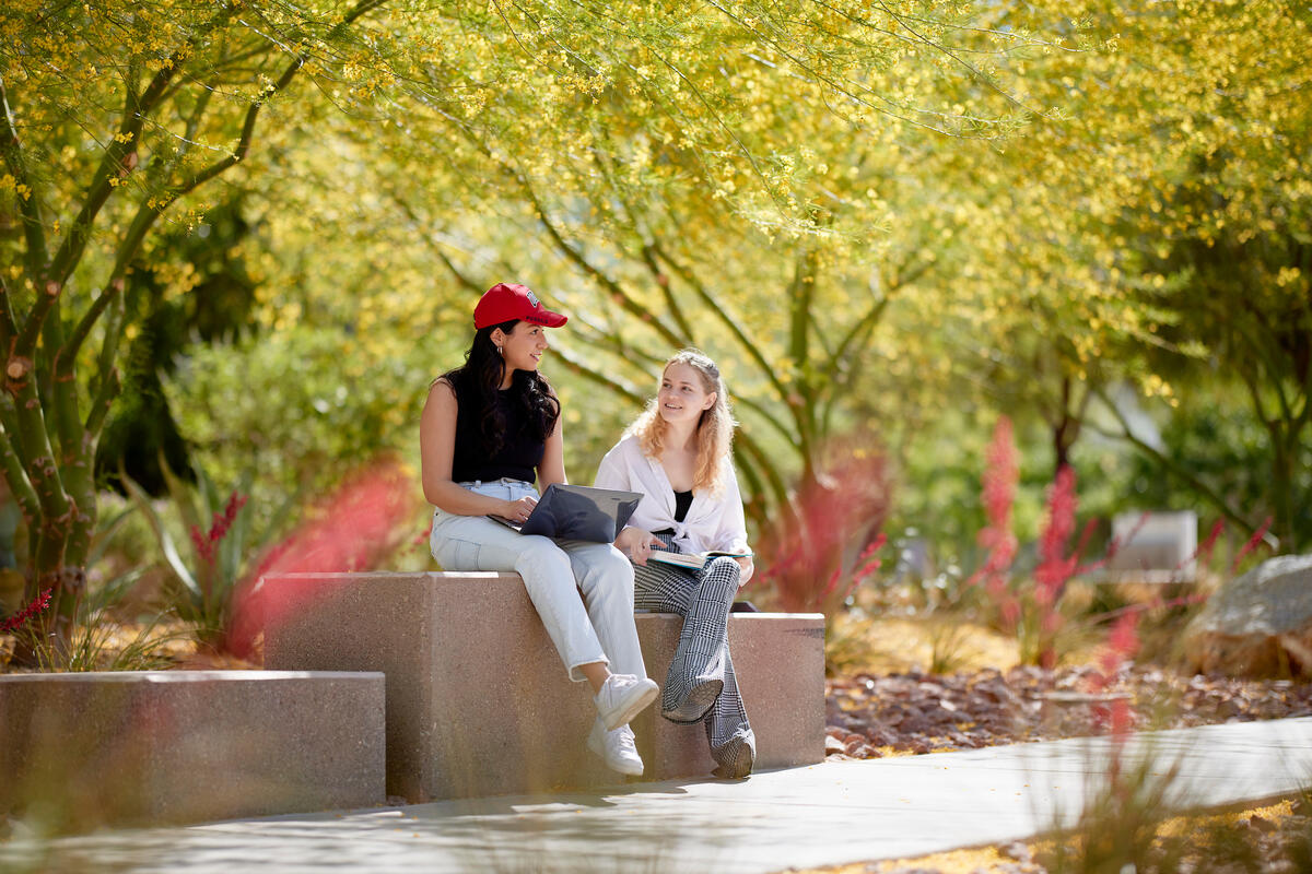 Two students sitting together outside