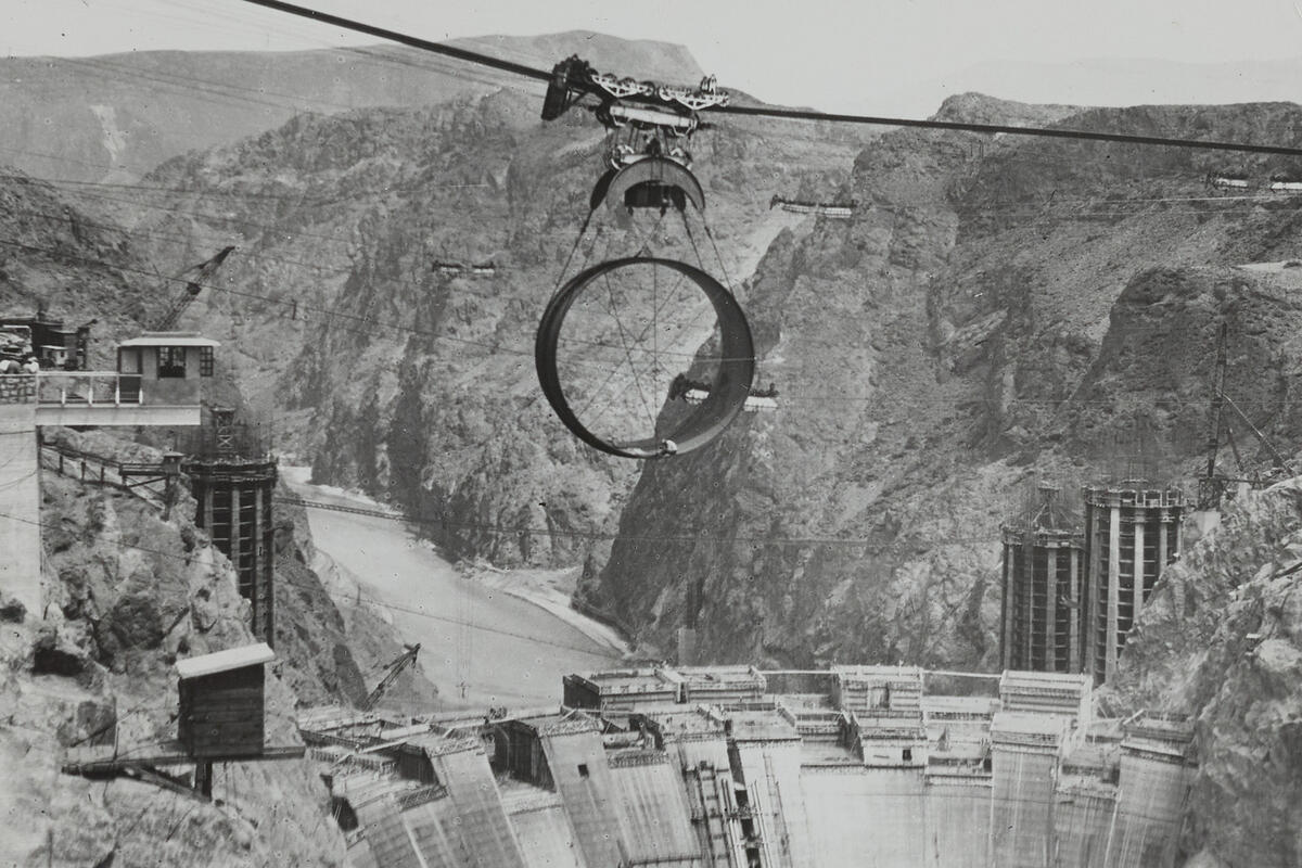 black and white photo of original Hoover Dam construction