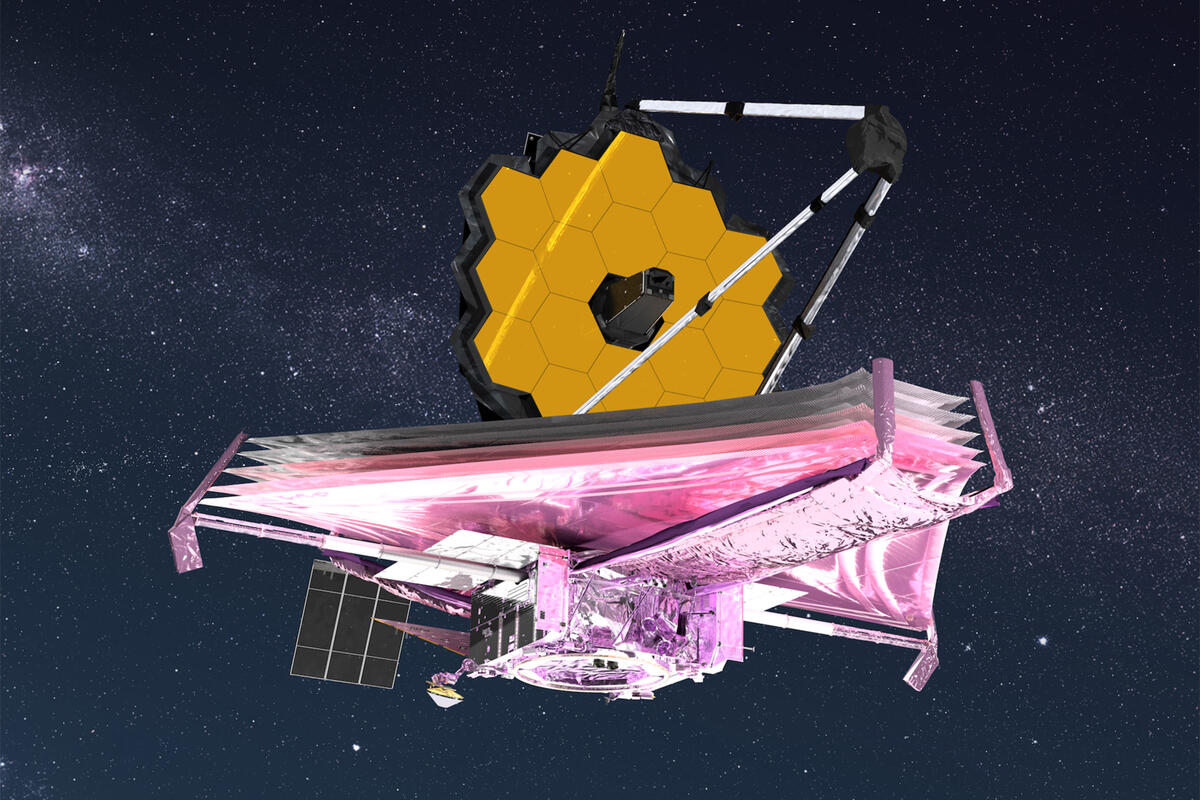 Artist rending of James Webb telescope in space with stars behind