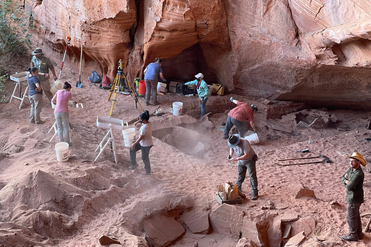 An archaeological team excavating at a site
