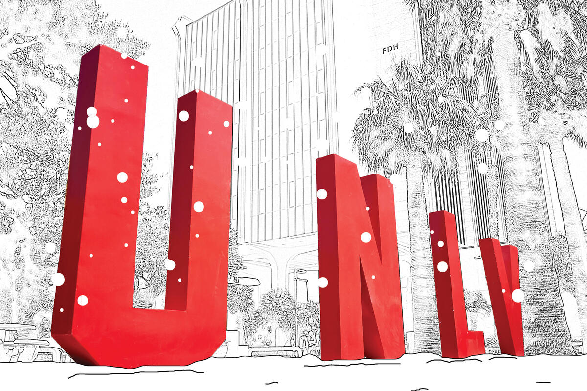 wintery scene on holiday card with red letters that read UNLV
