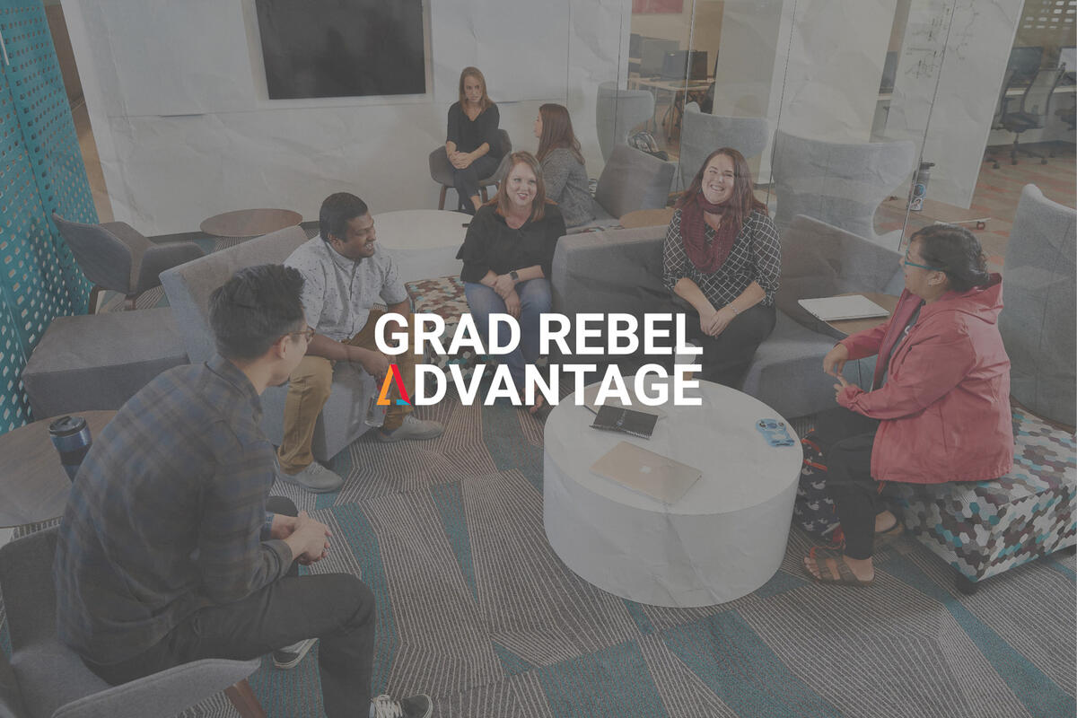 A group of people sitting around in a lounge area with the words "Grad Rebel Advantage" overlay