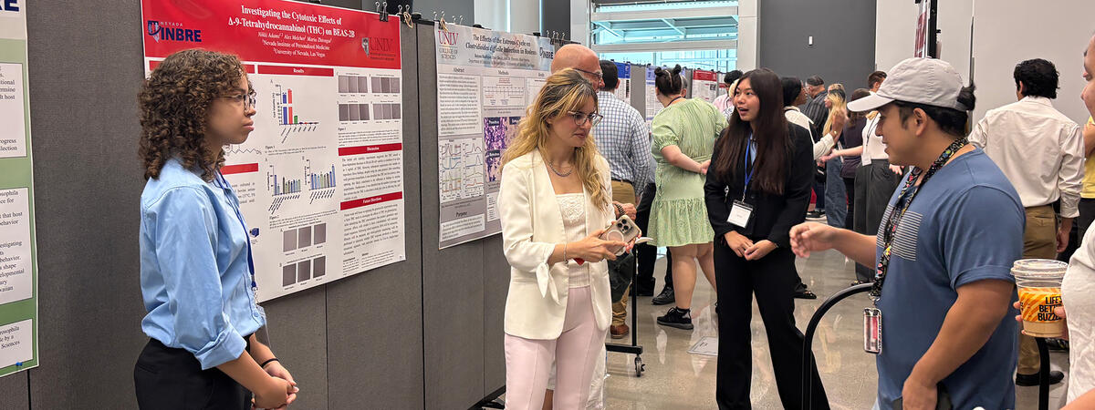 A group of students explaining their research to a person