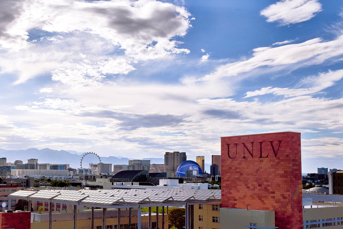 Greenspun Hall with the skyline in the background