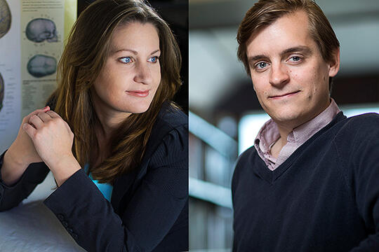 A photo collage of a woman on the left and a man on the right